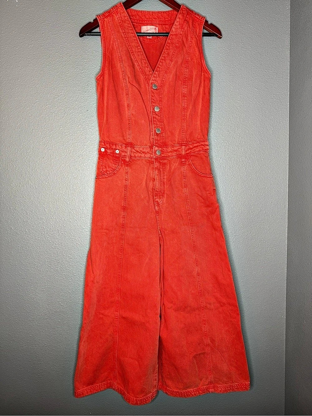 Universal Thread Denim Jumpsuit Womens 2 Coral Wide Leg Utility Button Front
